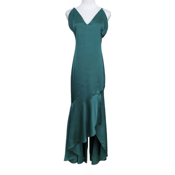 MARCIANO GREEN SATIN SLEEVELESS RUFFLE HIGH LOW EVENING FORMAL GOWN DRESS - 2 - Picture 1 of 11